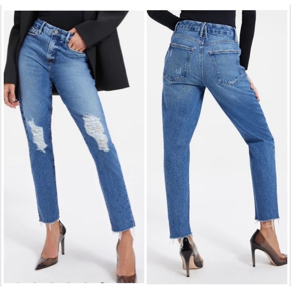 Good American The Weekender Jeans Sz 4 27 Indigo Straight Leg Distressed Denim